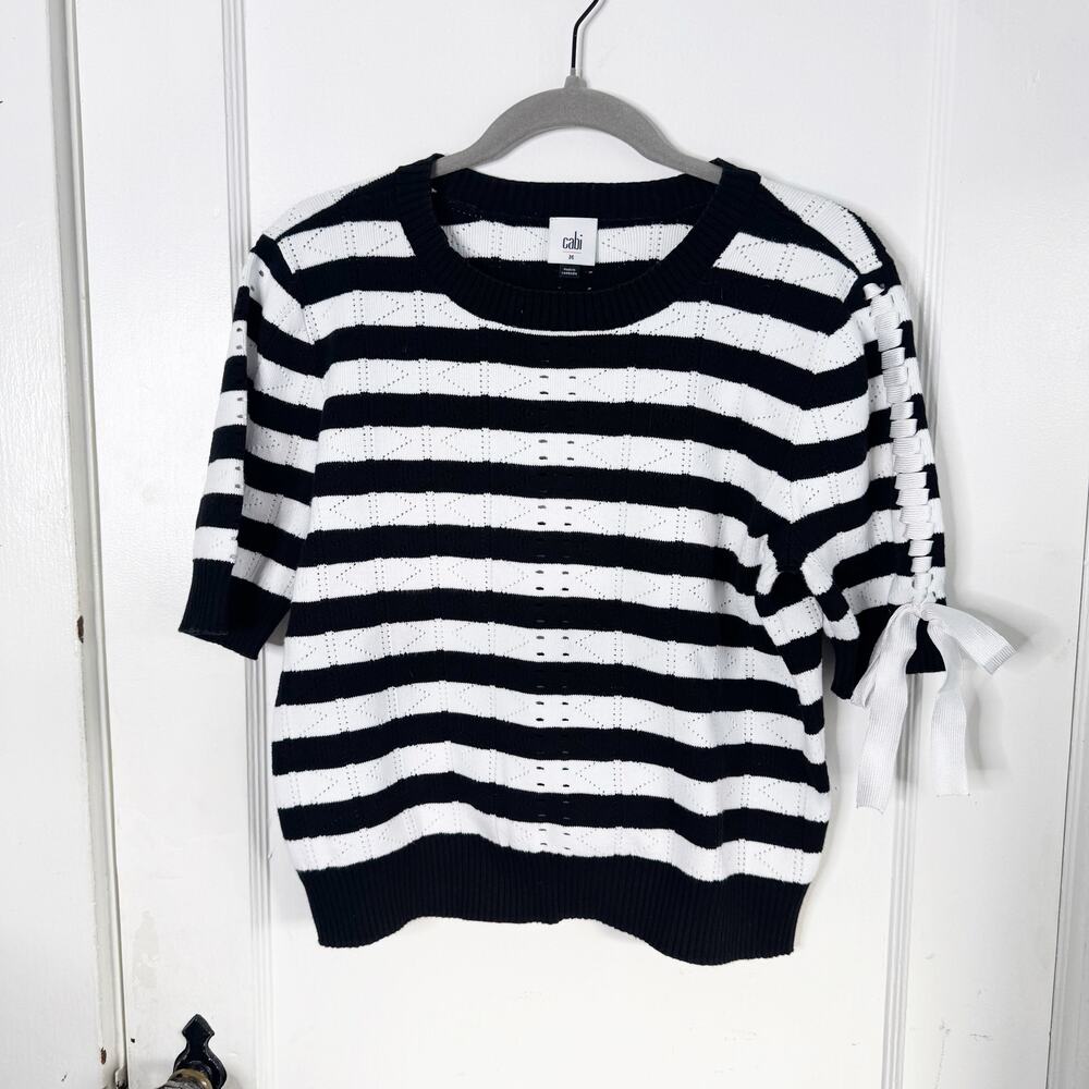 Cabi Runway Sweater Pullover Striped Ribbon Detail Perforated #5832 Size Medium